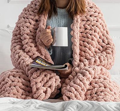 Coperta a maglia grossa – Coperta per letto (40 x 60) – Coperta morbida in ciniglia – Coperta e copriletto per divano – Grande coperta (rosa fard rosa)