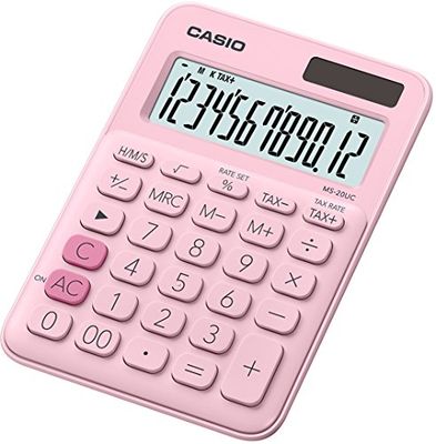 CASIO Bordsräknare MS-20UC-PK, 12-siffrig i trendiga färger, skatteberäkning, tidskonvertering, sol-/batteridrift, 2,3 x 10,5 x 14,95 cm