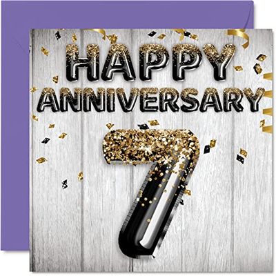 Geweldige koperen jubileumkaart voor echtgenoot vriend vrouw vriendin - zwart goud glitter ballonnen - gelukkige 7e verjaardag kaarten van familie, 145mm x 145mm wenskaarten voor zevende jubilea