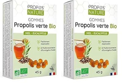 Gommes de Propolis Verte Bio - Miel & Eucalyptus - 45g - Maux de gorge - Certifié Agriculture biologique - Fabrication Française - Huile essentielle d'Eucalyptus Bio - PROPOS'NATURE (Lot de 2)