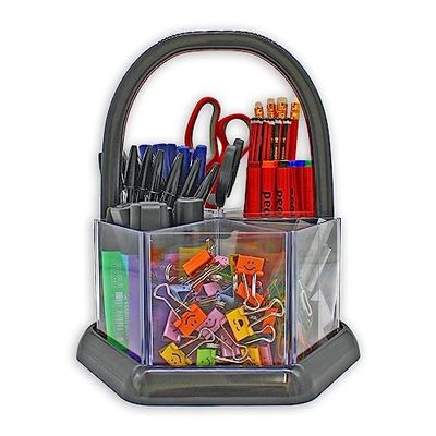 Adventa Desk Organiser, Desk Tidy with 6 Piece Set Pen Holder, Pencil Pots for Classrooms, Office Accessories, Stationary Organiser, Desktop Organiser with Handle (Clear)