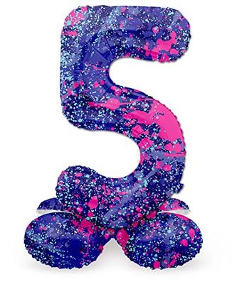 Folat 64775 Birthday Balloon Standing Number 5 Paint Splash Purple Space 41 cm Decoration Birthday Decoration Balloon Number No Helium Required Colourful