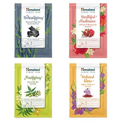 Himalaya Face Sheet Masks Discovery Collection, Variation Pack of Single Use Cotton Facial Sheet Masks, with Hyaluronic Acid for Intense Hydration, Mix SET of 4 Pcs