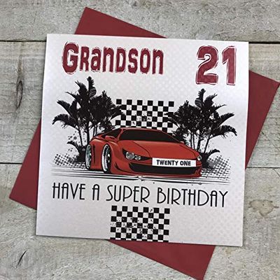 White Cotton Cards "Kleinzoon 21 hebben een super verjaardag" handgemaakte 21e verjaardagskaart, LLR21-GS