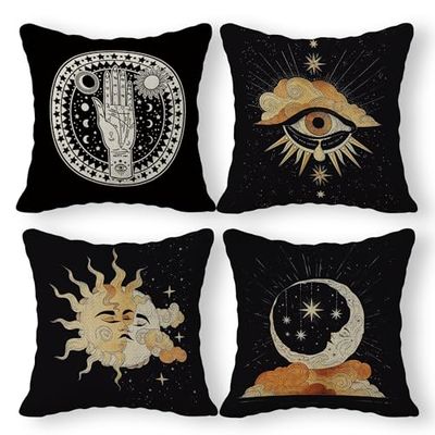 Tarot linnen sierkussensloop, set van 4, tarot decor kussensloop, tarot heksenkamer decoratie kussenhoes voor bank bank bed college slaapzaal decor (18 x 18)