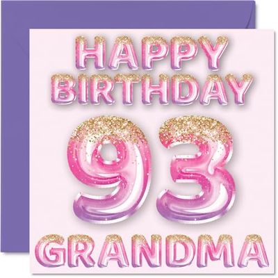 93rd Birthday Card for Grandma - Pink & Purple Glitter Balloons - Happy Birthday Cards for 93 Year Old Grandma from Grandson Granddaughter, 145mm Bday Greeting Cards Gift