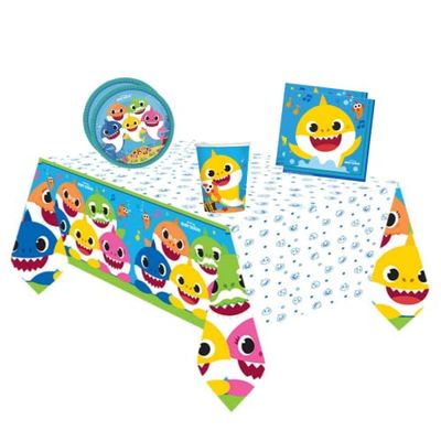 Verjaardagsfeestset voor 8 personen, decoratie tafelservies, haai, feest, jubileum, kinderen, 8 borden, 8 bekers, 16 servetten, 1 tafelkleed