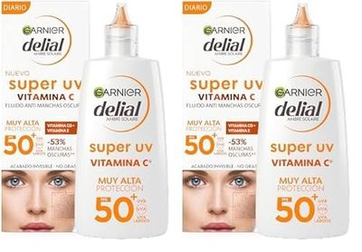 GARNIER DELIAL Crema Facial Fluida Uso Diário Muy Alta Protección Solar FPS50+ AntiManchas Con Vitamina C, Fórmula No Comedogénica 40 ml (Paquete de 2)