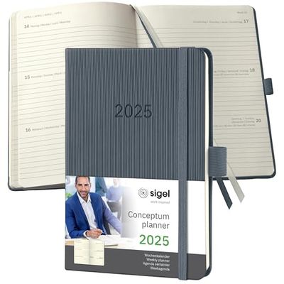 SIGEL C2567 Conceptum Agenda semanal 2025, aprox. A6, gris oscuro, tapa dura, dos páginas = una semana, 176 páginas
