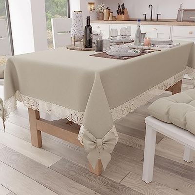 PETTI Artigiani Italiani - Rectangular Tablecloth, 140 x 240 cm, Beige, Cotton, Plain, Lace and Bows Decorated, 12 Seater