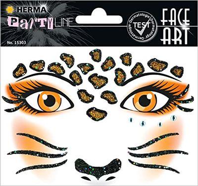 HERMA 15303 Face Art sticker luipaard, dermatologisch getest, verwijderbare glitter-gezichtsstickers, tijdelijke tatoeages voor carnaval, Halloween, festival, kinderen, verjaardag, oranje