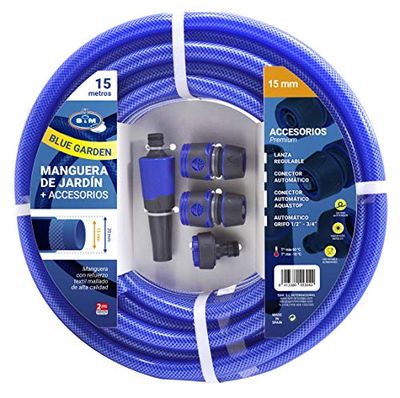 S&M 553042 - Manguera azul reforzada BLUE GARDEN con accesorios(lanza de riego y conectores) Rollo 15 m Ø15 mm (diámetro interior) x Ø20 mm (diámetro exterior) anti-dobleces