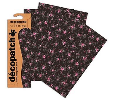 Decopatch C565O - 1 BUSTA da 3 fogli di carta stampata 30x40 cm, Fiori rosa su sfondo nero