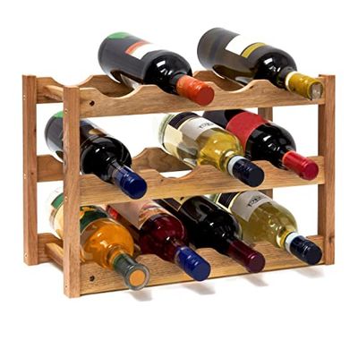 Relaxdays 10019279 – Botellero pequeño 28 x 42,5 x 21 cm Madera Estante con 3 niveles para 12 botellas de botellas de vino pequeño soporte para botellas de vino de nogal barnizada para waagerechten almacenar, natural