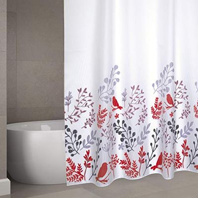 MSV Rideau de Douche Polyester Birds 180x200cm QUALITÉ Premium Motifs Rouge & Blanc - Anneaux Inclus