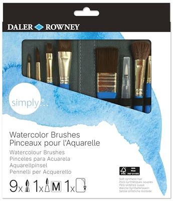Daler-Rowney Simply Pennelli per acquerello, setole sintetiche morbide, manico corto, astuccio con cerniera, assortimento di 10 pennelli