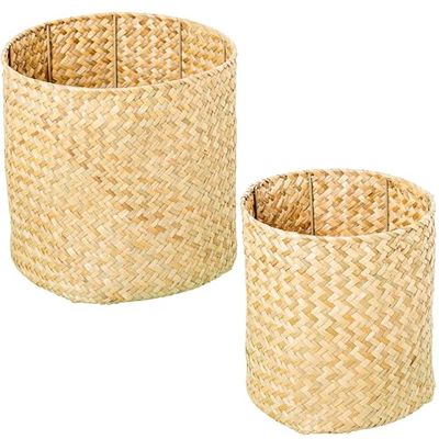 DRW Set van 2 ronde manden van zeegras van natuur, 27 x 28 x 28 cm