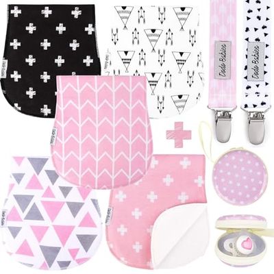 Dodo Babies Paquete de 5 paños para eructar para bebé - Paños para eructar de algodón suaves y absorbentes - Incluye estuche para chupete y 2 clips para chupete - Colores: rosa, gris y negro
