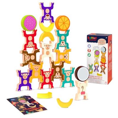 Battat Education BE3727Z Stapelspel houten aapje, houten aapje, apen en fruit, educatief speelgoed, fijne motoriek, stapelspeelgoed voor kinderen vanaf 3 jaar, kleurrijk