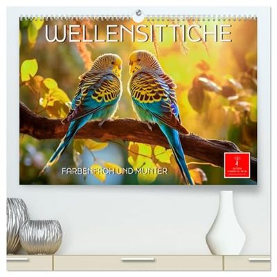 Wellensittiche farbenfroh und munter (hochwertiger Premium Wandkalender 2026 DIN A2 quer), Kunstdruck in Hochglanz: Eindrucksvolle Bilder der beliebten Vögel.