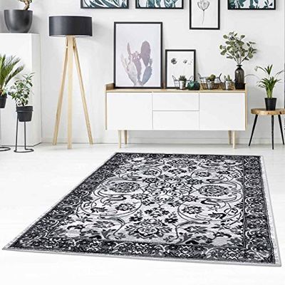 carpet city Tapis Moderne à Poils Plats avec Motif Marais - Motif Floral - Gris chiné - Noir - pour Salon - Dimensions : 80/150 cm - 80 cm x 150 cm