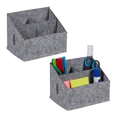 Relaxdays Organisateurs Bureau, Feutre, Lot de 2, 3 Compartiments, HxLxP: 14x18x14,5 cm, Accessoires de Rangement, Gris