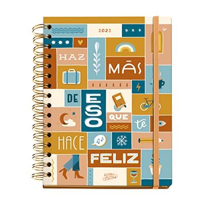 Miquelrius - Jaarplanner 2023 Happy Letters - Weekoverzicht - Grootte 155 x 213 mm (ca. A5) - vaste omslag - spiraalbinding - Spaans - bundel