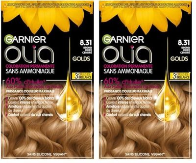 Garnier Coloration Permanente - Sans Ammoniaque - Aux Huiles Naturelles de Fleurs - Blond Doré Cendré (8.31) - Olia (Lot de 2)