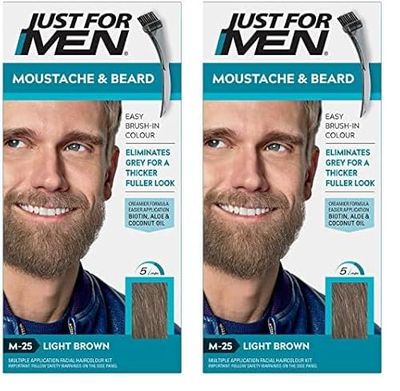 Just For Men Moustache & Beard Light Brown Dye, Eliminates Grey For a Thicker & Fuller Look With An Applicator Brush Included – M25 (Pack of 2)