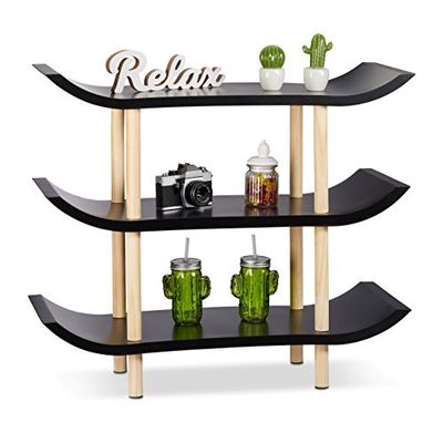 Relaxdays Staand rek met 3 niveaus, decoratief rek met Aziatische flair, houten plank, zwart, 71 x 83 x 32 cm