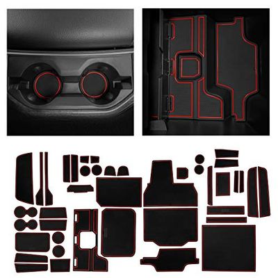 CupHolderHero for RAM 1500 Accessories 2019-2021 Interior Non-Slip Anti Dust Cup Holder Inserts, Center Console Liner Mats, Door Pocket 44-pc Set (Crew Cab with Bucket Seats) (Red Trim)