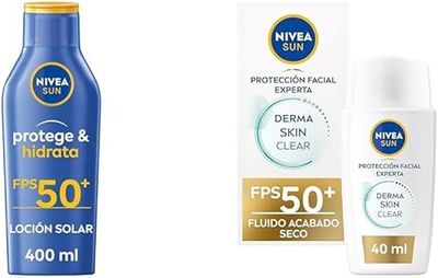 PACK NIVEA SUN Protege & Hidrata Leche Solar FP50+ (1 x 400 ml) resistente al agua + NIVEA SUN Derma Skin Clear Fluido Protector Solar Facial FPS 50+ (1 x 40 ml) con efecto mate anti imperfecciones