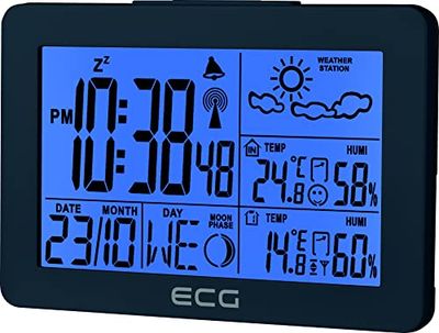 ECG Estación meteorológica MS 200 con sensor inalámbrico hasta 30 metros de distancia, termómetro, higrómetro, previsión meteorológica para las próximas 24 horas en 4 modos, hora, despertador, gris