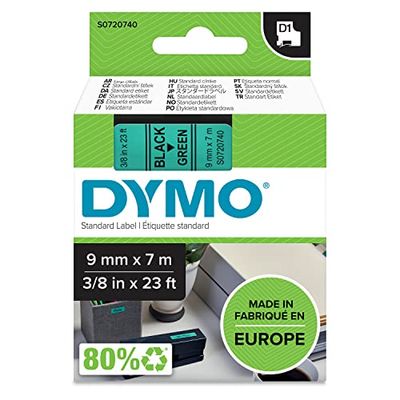 DYMO Original D1 etikettband | svart på grön | 9 mm x 7 m | självhäftande märkband | för LabelManager-märkningsmaskin