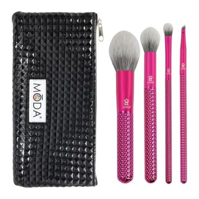 MODA Royal & Langnickel - Juego de 5 brochas de maquillaje con bolsa, incluye colorete, contorno, sombreado, ángulo de pincel, color rosa metálico