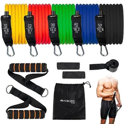 Mobiclinic, Goma elásticas de musculación con Asas, 5 Niveles, Bandas de Resistencia Crossfit, Gimnasio en casa, Marca española, Gomas Elásticas Fitness para Yoga, Pilates, Estiramientos, Glúteos