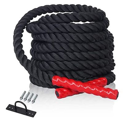 CCLIFE Battle Ropes med hållare 9 m 12 m 15 m Ø 38 mm, träningsrep, träningsrep, sportrep, stridsrep för gym, muskelbyggnad, storlek: 12 m svart