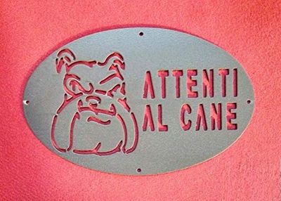 Targa/Targhetta/Cartello "ATTENTI AL CANE" in ferro Disegno Laser Bulldog 1750