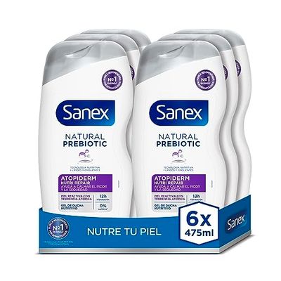 Sanex Natural Prebiotic Atopiderm Gel Doccia, confezione da 6 x 475 ml, gel da bagno per pelle reattiva con tendenza atomica, aiuta a lenire il prurito e la secchezza, 12 ore di idratazione