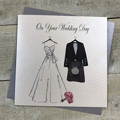 WHITE COTTON CARDS Biglietto Scozzese Fatto a Mano con Scritta On Your Wedding Day, PS1, Bianco, 16cm x 16cm