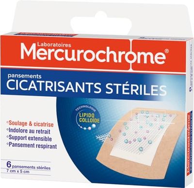 MERCUROCHROME - Medicazioni sterile per guarigione - Allevia e cicatrice - Indolore alla rimozione - Supporto estensibile - Medicazione traspirante - x6-7cm x 5cm - Tecnologia Lipido colloide