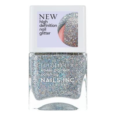 Nails Inc HD Glitter, Ring Light Ready, Silver, Metallic, Glossy, No Chip, Long Lasting, Quick Dry, Air Dry, Professional Manicures & Pedicures, Fingernails & Toenails, Vegan Nail Polish, 14 ML
