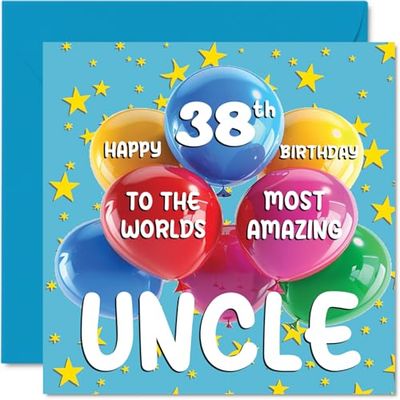 Stuff4 Tarjeta de cumpleaños número 38 para tío, el tío más increíble del mundo, tarjeta de feliz cumpleaños número 38 para tío de sobrina, sobrino, 145 mm x 145 mm, tarjetas de felicitación para tío