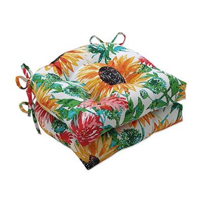 Pillow Perfect Cuscino per sedia da interni ed esterni con laccetti, reversibile, trapuntato, resistente alle intemperie e allo sbiadimento, 39,4 x 40,6 cm, girasoli gialli/verdi, 2 pezzi