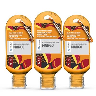 MangoPalm Safe Mango 3 Pack 60ml Anti Bacterial Premium Hand Sanitiser Travel Size Refillable Clip Bottle Quick Drying Non Sticky Extra Moisturising Kills 99.9% of Viruses and Bacteria