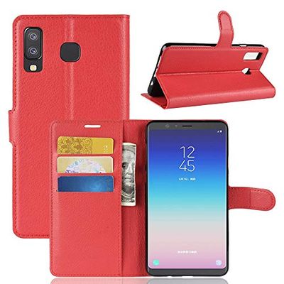 Carcasa de telefono Funda de Cuero con Tapa Horizontal Litchi Texture for Galaxy A9 Star / A8 Star, con Billetera y Soporte y Ranuras for Tarjetas (Negro) (Color : Rojo)