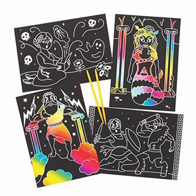 Baker Ross FE454 Greek Mythology Scratch Art Pictures - Pack of 8, Engraving Art for Children, Creative Activities for Kids, Art Set for Creative Minds