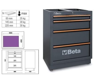 BETA Modulo 4 Cassetti 566x406x65mm Antracite con Serratura di, Nylon, Nero, Unica