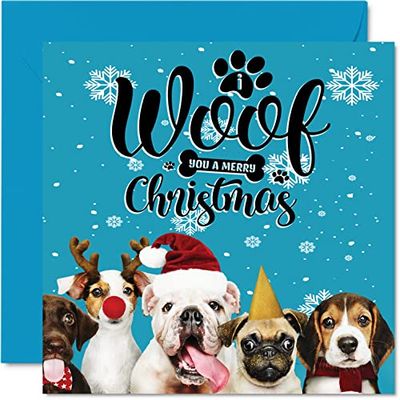 Hond kerstkaarten voor vrouwen mannen - Doggy Christmas - Happy Xmas Kerstkaart voor het hele gezin mama papa zus broer neef oom tante, 145 mm x 145 mm Single Pet Christmas Wenskaarten Gift
