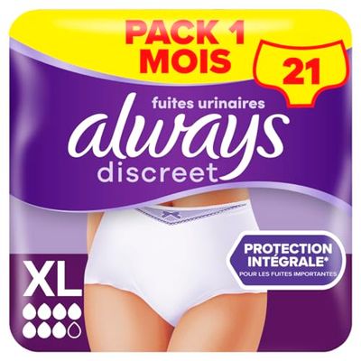 Always Discreet, 21 Culottes Incontinence Femme, Plus 6 Gouttes, Sous-Vêtements Taille XL, Blanc, Protection Très Absorbante pour Fuites Urinaires Importantes ou post accouchement, Pack 1 Mois